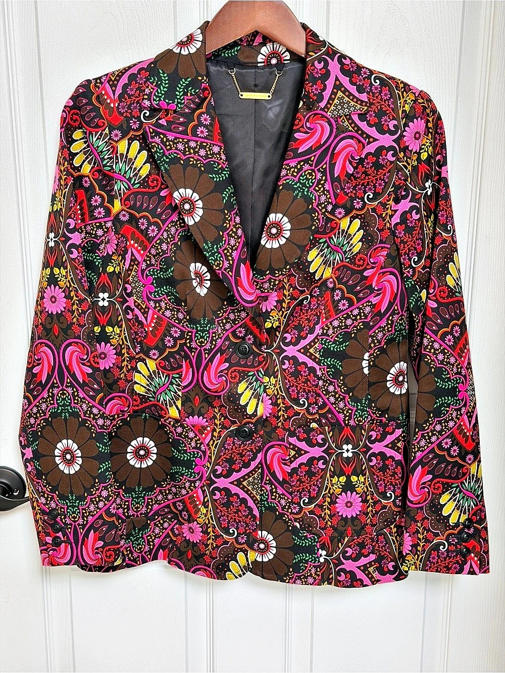 Trina Turk 70’s Inspired Maximalism Paisley Floral Blazer Black & Pink Size 8
